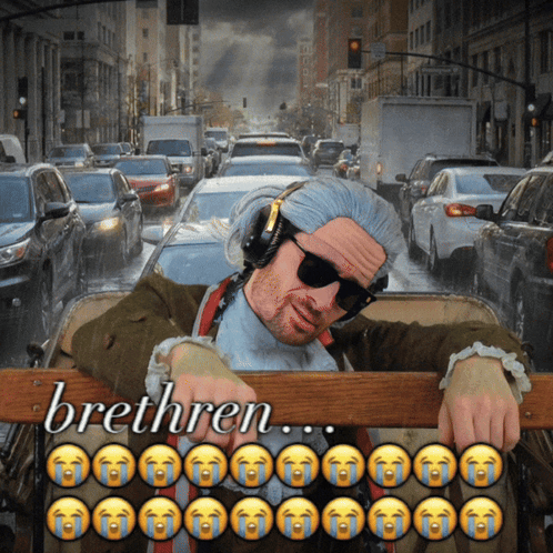 A Man Wearing A Wig And Sunglasses Is Sitting In A Wagon With The Word Brethren Written On It GIF