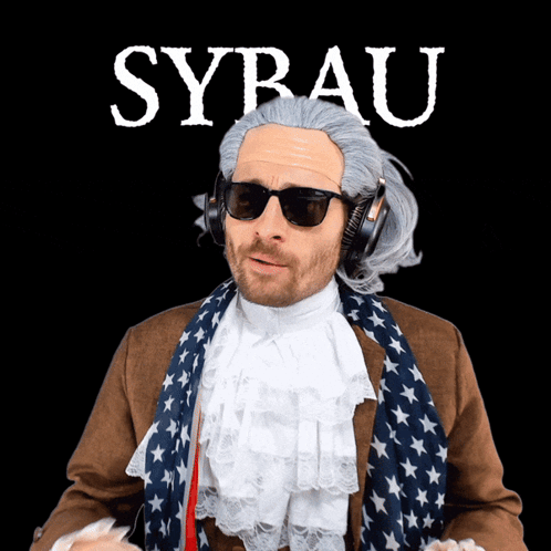 A Man Wearing A Wig And Sunglasses Is Standing In Front Of A Black Background With The Word Sy Rau On It GIF