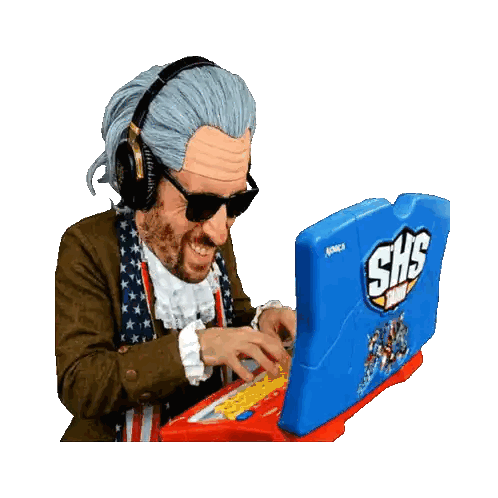 a man wearing a wig and sunglasses is typing on a shs laptop