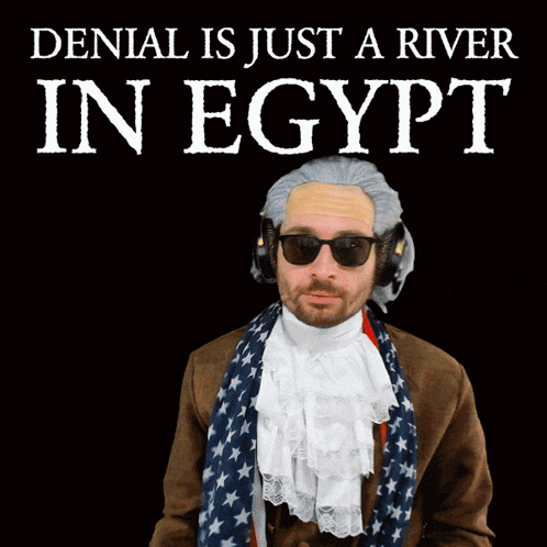 A Man Wearing A Wig And Sunglasses Says Denial Is Just A River In Egypt On A Poster GIF