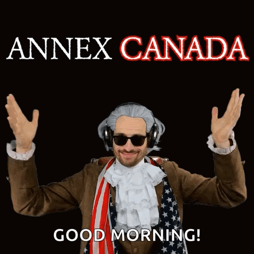 A Man Wearing A Wig And Sunglasses Says Good Morning In Front Of A Sign That Says Annex Canada GIF