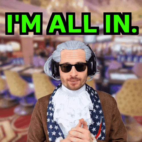 A Man Wearing A Wig And Sunglasses Says " I 'M All In " GIF