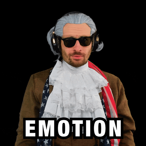 A Man Wearing A Wig And Sunglasses Stands In Front Of A Banner That Says Emotion GIF