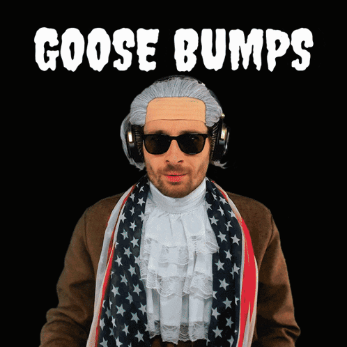 A Man Wearing A Wig And Sunglasses Stands In Front Of A Black Background With The Words Goose Bumps On It GIF