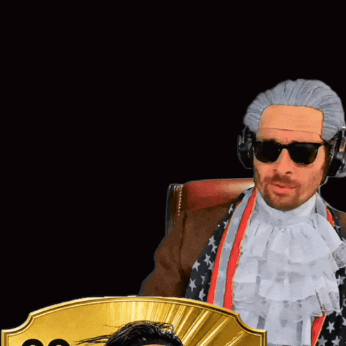 a man wearing a wig and sunglasses stands next to a gold card that says 99 st