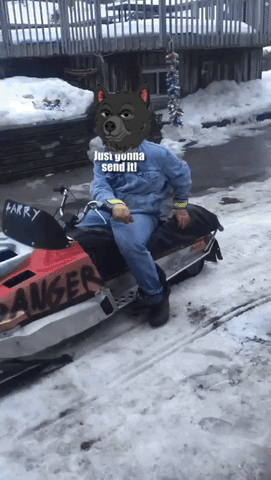 A Man Wearing A Wolf Mask Is Sitting On A Snowmobile That Says Larry GIF