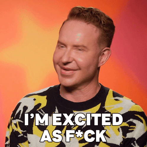 A Man Wearing A Yellow And Black Sweater Says " I 'M Excited As F * Ck " GIF