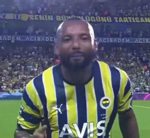 A Man Wearing A Yellow And Blue Striped Shirt With Avis On The Front GIF