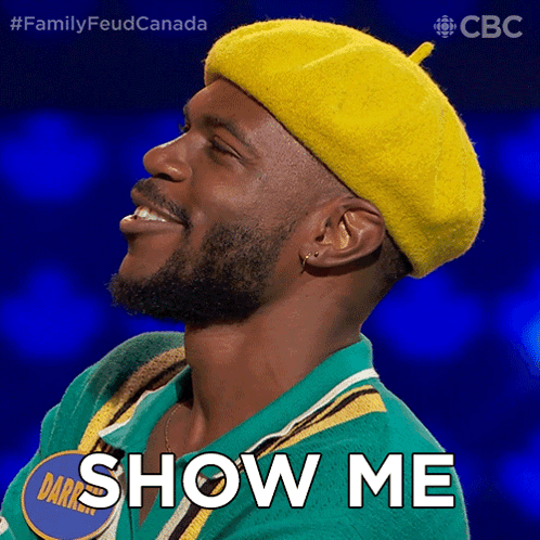 A Man Wearing A Yellow Hat And A Green Shirt Says Show Me GIF
