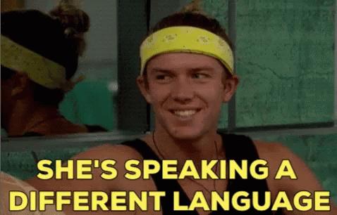 A Man Wearing A Yellow Headband With The Words She 'S Speaking A Different Language GIF