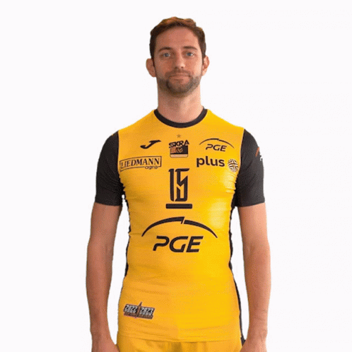 A Man Wearing A Yellow Pge Jersey Holds Up His Hand GIF