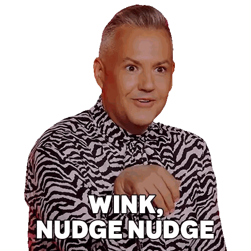 a man wearing a zebra print shirt has the words wink nudge nudge written on his face