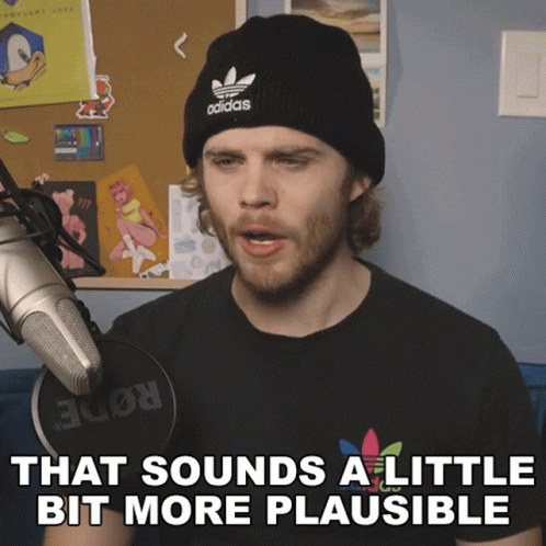A Man Wearing An Adidas Beanie And A Black T-Shirt Says That Sounds A Little Bit More Plausible GIF