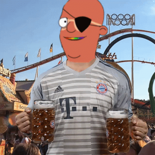 A Man Wearing An Adidas Shirt Is Holding Two Mugs Of Beer In Front Of A Roller Coaster GIF