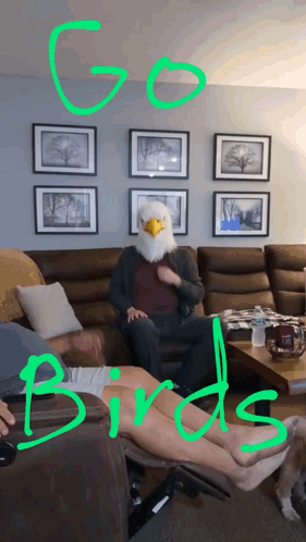 A Man Wearing An Eagle Mask Sits On A Couch With The Words Go Birds Above Him GIF