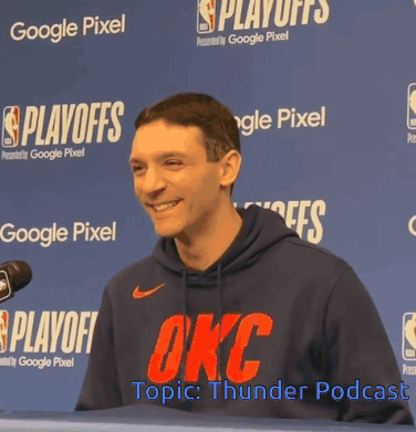 A Man Wearing An Okc Sweatshirt Is Smiling In Front Of A Blue Background That Says Google Pixel GIF