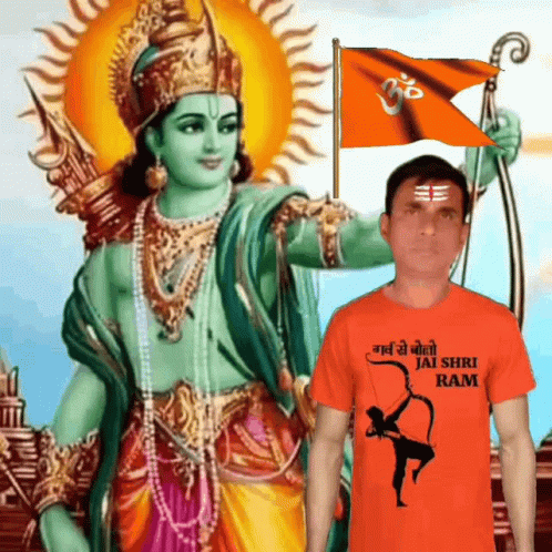 A Man Wearing An Orange Shirt With Jai Shri Ram On It GIF