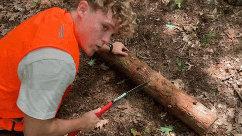 A Man Wearing An Orange Vest Is Cutting A Log GIF