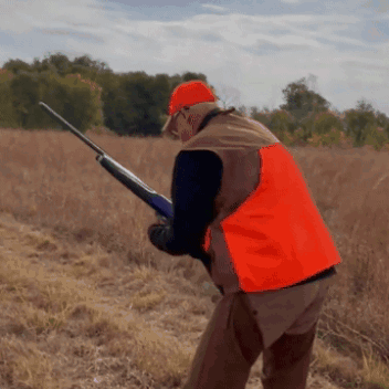 A Man Wearing An Orange Vest Is Holding A Shotgun In A Field GIF
