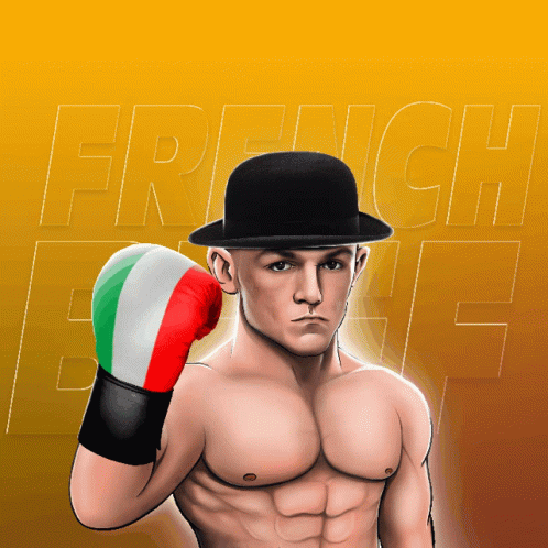 A Man Wearing Boxing Gloves And A Bowler Hat Stands In Front Of French Letters GIF