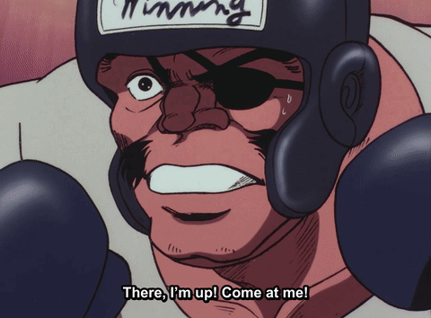 A Man Wearing Boxing Gloves And A Helmet Says " There I M Up Come At Me " GIF