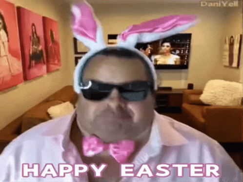 A Man Wearing Bunny Ears And A Pink Bow Tie Says " Happy Easter " GIF