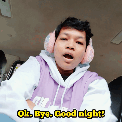 A Man Wearing Ear Muffs And A Purple Hoodie Says " Ok Bye Good Night " GIF