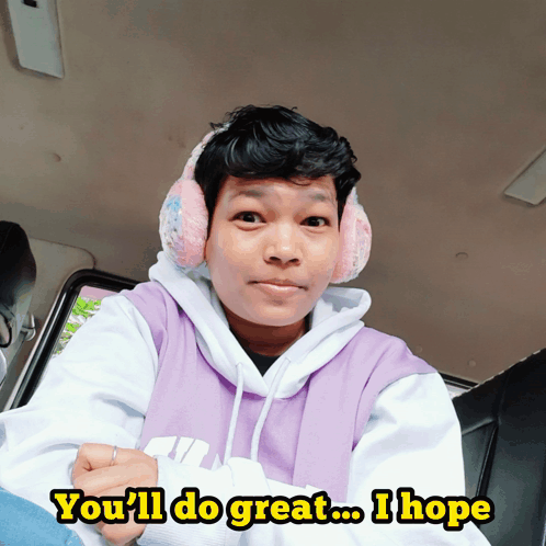 A Man Wearing Ear Muffs And A Purple Shirt Says You 'Ll Do Great I Hope GIF