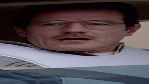 A Man Wearing Glasses And A Bib On His Neck Looks At The Camera GIF