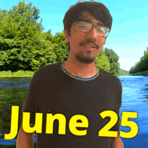 A Man Wearing Glasses And A Black Shirt Stands In Front Of A River And The Date June 25 GIF