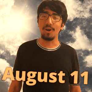 A Man Wearing Glasses And A Black Shirt That Says August 11 On It GIF