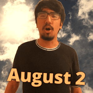 A Man Wearing Glasses And A Black Shirt That Says August 2 On It GIF
