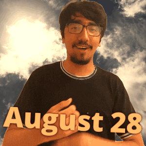 A Man Wearing Glasses And A Black Shirt That Says August 28 On It GIF