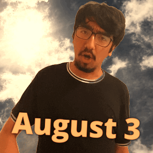 A Man Wearing Glasses And A Black Shirt That Says August 3 On It GIF
