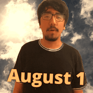 A Man Wearing Glasses And A Black Shirt With The Date August 1 On It GIF