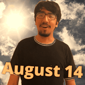 A Man Wearing Glasses And A Black Shirt With The Date August 14 On It GIF