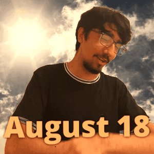 A Man Wearing Glasses And A Black Shirt With The Date August 18 On It GIF