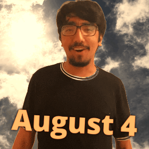 A Man Wearing Glasses And A Black Shirt With The Date August 4 GIF