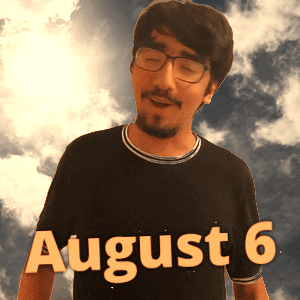 A Man Wearing Glasses And A Black Shirt With The Date August 6 On It GIF