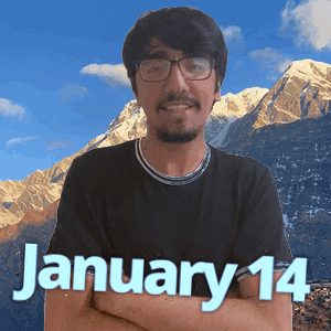 A Man Wearing Glasses And A Black Shirt With The Date January 14 On It GIF