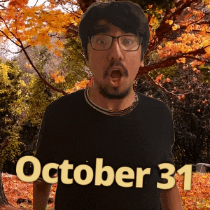 A Man Wearing Glasses And A Black Shirt With The Date Of October 31 On It GIF