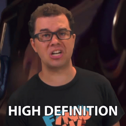 A Man Wearing Glasses And A Black Shirt With The Word High Definition On It GIF