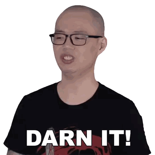 a man wearing glasses and a black shirt with the words darn it written on it