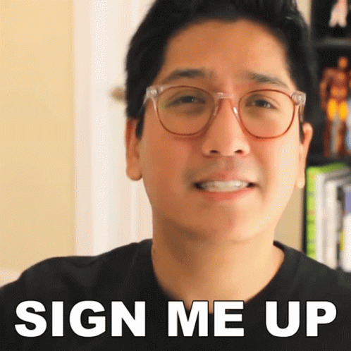 A Man Wearing Glasses And A Black Shirt With The Words Sign Me Up Behind Him GIF
