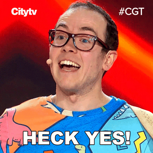 A Man Wearing Glasses And A Blue Shirt Says " Heck Yes " GIF