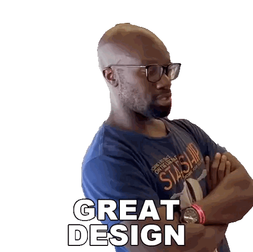 a man wearing glasses and a blue shirt with the words great design on it