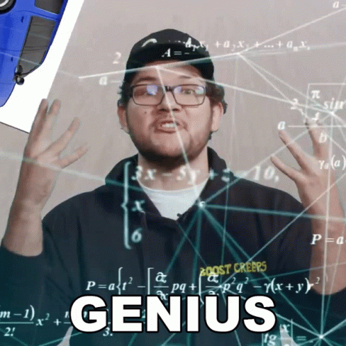 A Man Wearing Glasses And A Boost Creeps Shirt Stands In Front Of A Mathematical Equation And Says Genius GIF