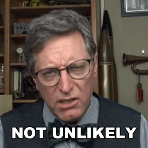 a man wearing glasses and a bow tie has the words not unlikely on his face