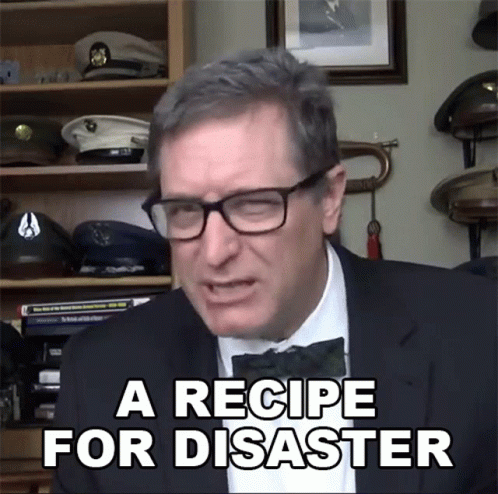 A Man Wearing Glasses And A Bow Tie Says " A Recipe For Disaster " GIF