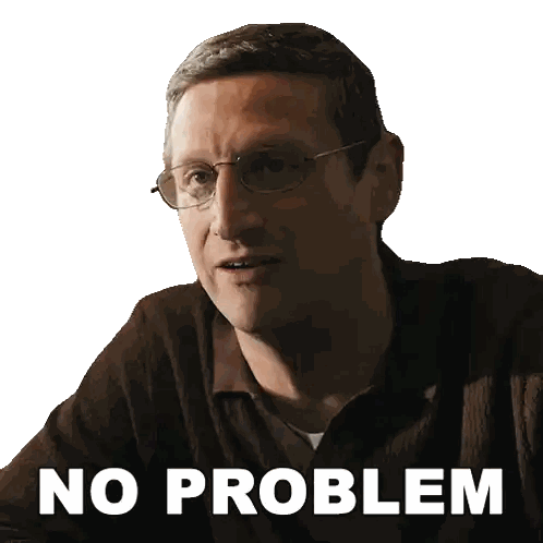 a man wearing glasses and a brown sweater has the words no problem written on his face